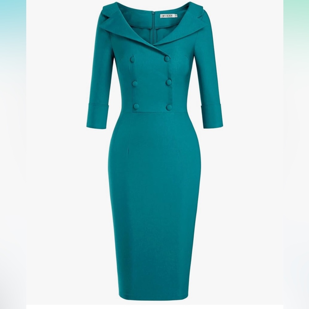 Elegant Teal Double-Breasted Dress